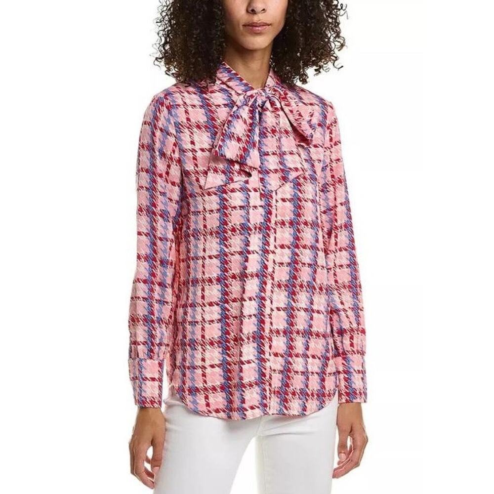 GRACIA Pied de Poule Button Blouse Top Size S Pink Neck Tie Long Sleeves‎